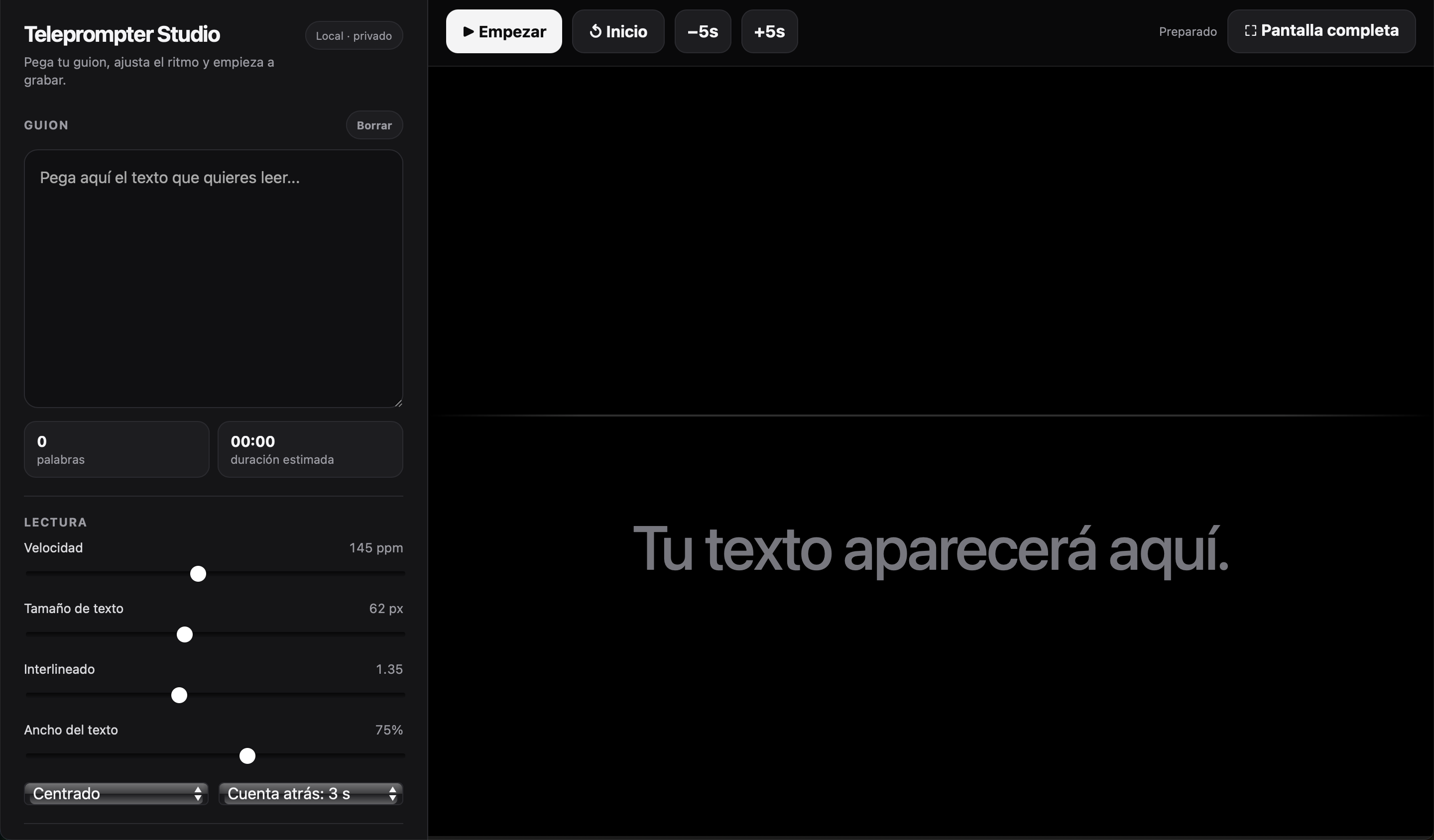 Interfaz de Teleprompter Studio